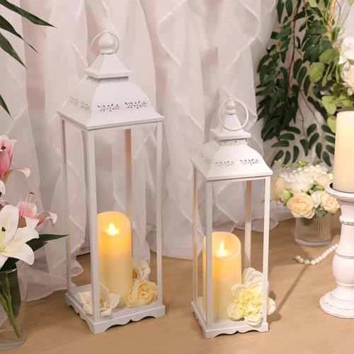 Decorative Candle Lanterns, Large 2Pcs, White Metal for Indoor & Outdoor - Image 6