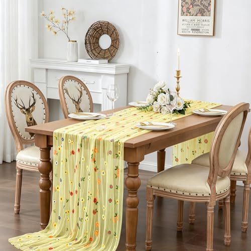 BINBE 12pcs Daisy Spring Table Runner Embroidery Gauze 10FT Florals Seasonal Tulle Holiday Birthday Kitchen Dining Table Decor for Home Party Yellow - Image 3