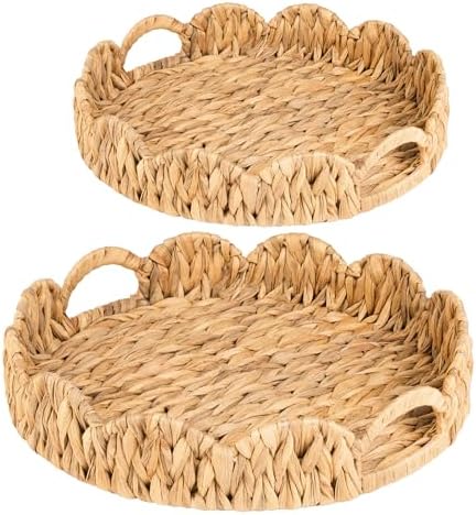 2-Pack Wicker Basket Tray, Round Serving Tray with Handles, Rattan Woven Decorative Tray, Natural Water Hyacinth Scalloped Tray for Home Decor and Desk Organizer by ATEDIR