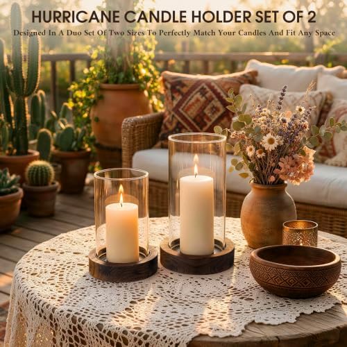 Hurricane Candle Holder Wooden: Set of 2 Candle Holder Pillar with Wood Base Clear Glass Sleeve – Rustic Wooden Candle Holders for Home Decor, Weddings, Table Centerpiece(Brown) - Image 6