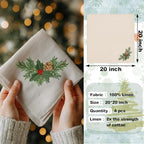 Newwiee Christmas Linen Napkin Set of 4 100% Linen Cloth 20 Inch Christmas Holly Pine Embroidered Napkin Square Dinner Serviette Soft & Durable Holiday Table Decor Xmas Wedding Cocktail Party Supply - Image 2