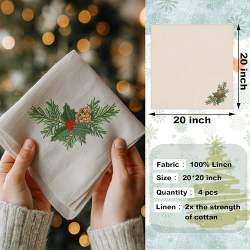 Newwiee Christmas Linen Napkin Set of 4 100% Linen Cloth 20 Inch Christmas Holly Pine Embroidered Napkin Square Dinner Serviette Soft & Durable Holiday Table Decor Xmas Wedding Cocktail Party Supply - Image 2