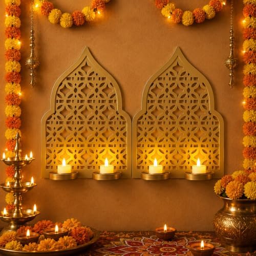 Mumufy 2 Pack Diwali Wall Tealight Candle Holder Gold Iron Jharokha Decor by Mumufy
