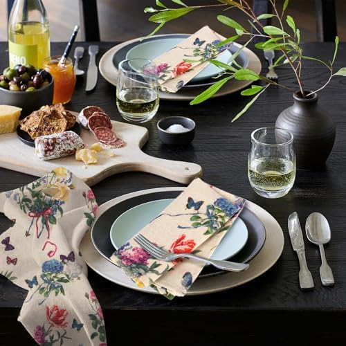 Watercolor Flower Cloth Napkins Set of 12, Spring Rose Butterfly Decorative Napkins Natural Linen Cotton Reusable Dinner Napkins for Bridal Wedding, Baby Shower, Spring Party and Everyday Use - Image 5