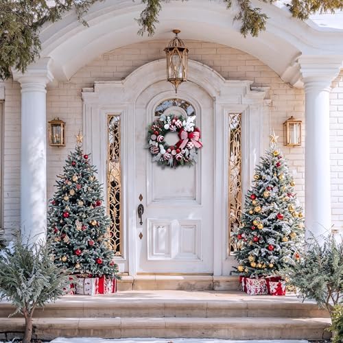 Valery Madelyn 24'' Pre-Lit Christmas Wreath for Front Door with Lights, Collapsible Lighted Outdoor Christmas Wreath with Red White Xmas Balls & Bow for Home Porch Fireplace Window Holiday Wall Decor - Image 4