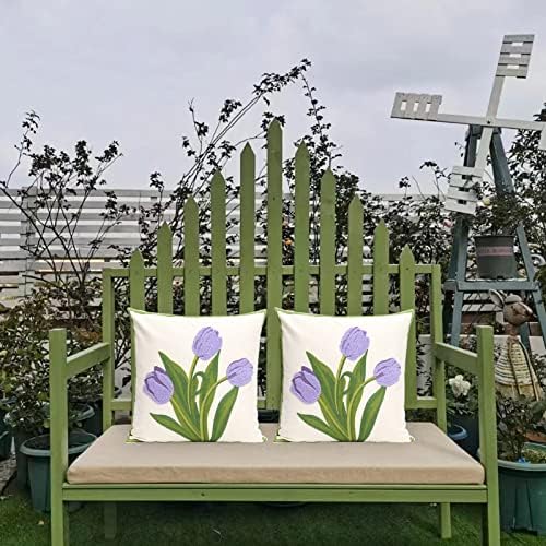 Pack of 2 Embroidered Decorative Throw Pillow Cover 18x18 Inch Farmhouse Floral Pillowcase for Living Room Sofa Bed (Purple Tulip) - Image 4
