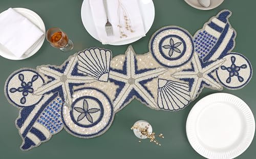 Beaded Table Runner - Handmade Glass Beads & Polyester Runner for Coffee & Dining Table, Elegant Star Pattern Decor for Home, Wedding, Holiday, Coastal or Boho Theme (Blue White) - ALPHA Living HOME - Image 3