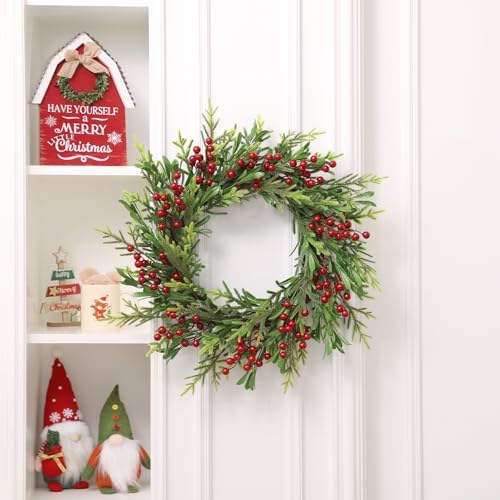 SHACOS Artificial Christmas Wreath 20" Winter Wreaths Pine Red Berries Xmas Holly Berry Decoration for Front Door Window Party Holiday, Red Green - Image 2