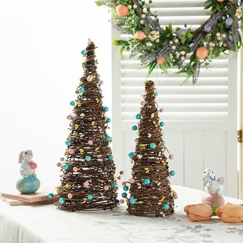 Glitzhome Set of 2 Easter Rattan Table Trees, Decorative Rattan Table Tree with Pink Blue Berries Balls Table Centerpiece for Easter Day Party Festival Home Decor - Image 3