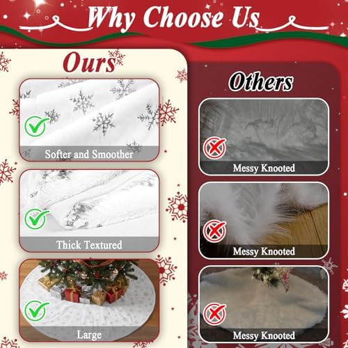 72 Inches Christmas Tree Skirt for Xmas Tree Holiday Party Decorations White Plush Silver Sequin Snowflake - Image 4