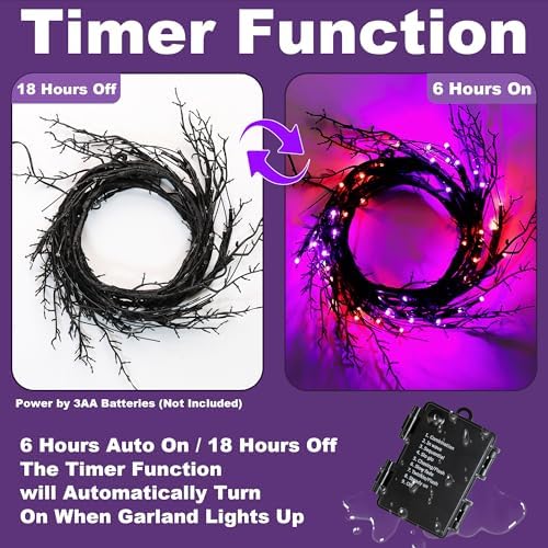 Timer & 8 Modes 9 FT 72 LED Willow Vine Twig Decor Garland with Orange & Purple Lights, Battery Operated Indoor Halloween Decor for Home Mantle Fireplace - Image 4