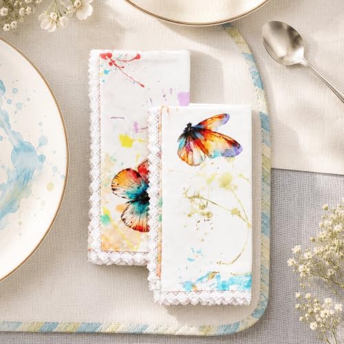 100% Cotton Printed Cloth Napkins Set of 6, 18x18 Inch Reusable Dinner Napkins, Soft Washable Table Napkins with Lace Trim for Dining & Hosting - Wing Splash by Unknown