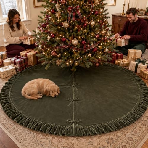 72 Inch Velvet Christmas Vintage Tree Skirt, Olive Green - Image 2