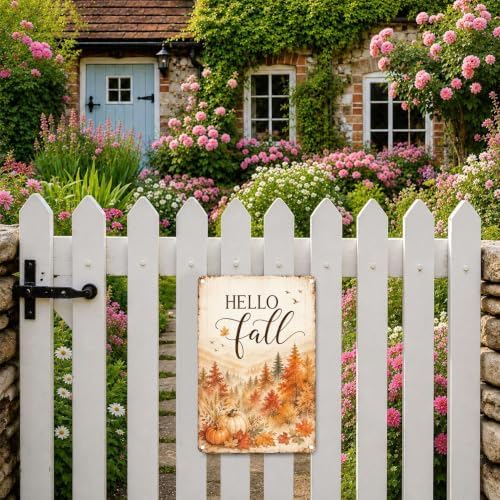 Decorative Tin Sign Watercolor Metal Tin Sign Hello Fall Mountain Forest Autumn Leaves Pumpkins Seasonal Wall Decor for Living Room Entryway Cabin 6×8 Inches with Metal Frame - Image 7