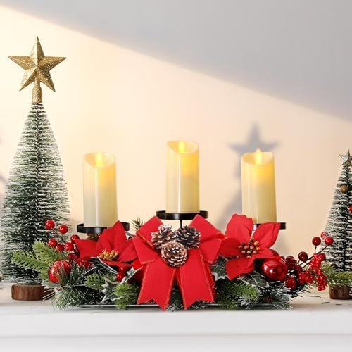 Christmas Centerpiece with 3 Candle Holders 3 LED Candles 1 String Lights Xmas Triple Candelabrum Poinsettia Red Buffalo Plaid Bow Berry Pine Cones with 3 Candle Holders for Tables Home Decorations - Image 2