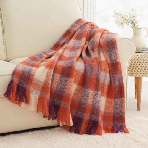 Fall Orange Plaid Throw Blanket for Couch, Mohair Tartan Blanket 50"x60" by BATTILOHOME