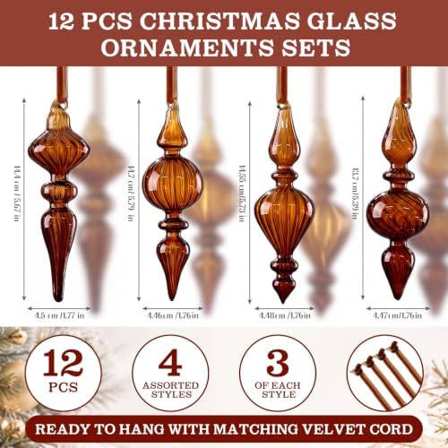 12 Pcs Vintage Glass Finial Christmas Ornaments, Dark Brown - Image 2