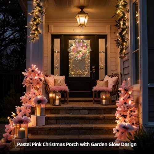 22inch Christmas Pink Wreath for Front Door with 30 LED Lights,Elegant Magnolia Christmas Door Wreath,Festive Holiday Decor, Frosted Winter Pink Decorations for Wedding - Image 3
