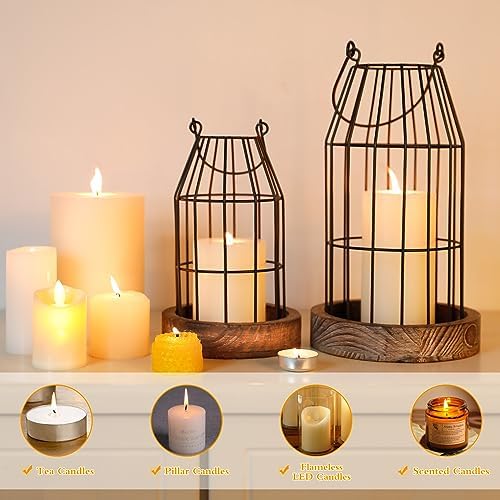 Rustic Wire Metal Cloche Set of 2 Candle Lantern Decorative Indoor Outdoor Vintage Cage Candle Holders Modern Farmhouse Decor for Fireplace Mantle Entryway Living Room Kitchen Coffee Table Centerpiece - Image 4