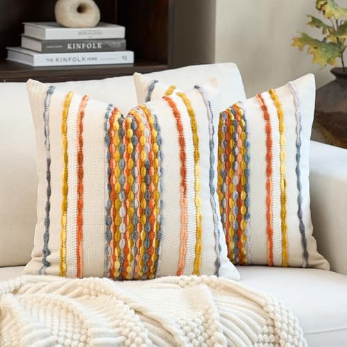 Aeckself Boho Pillow Covers 18x18 Inch Set of 2, Farmhouse Decorative Striped Square Chenille Tufted Accent Neutral Throw Pillow Covers for Living Room Couch Bed, Yellow Orange by AECKSELF