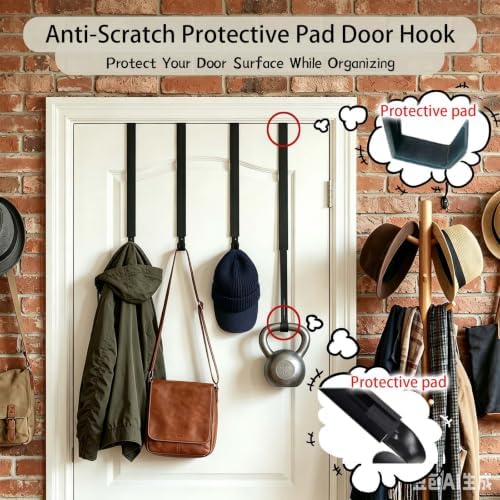 4 Pack No-Drill Over Door Hooks for 15-25" Doors, Heavy-Duty Metal with Shock-Absorbing Pads. Holds Towels, Coats, Bags & Seasonal Wreaths, Ideal for bathrooms, entryways and Front Doors. - Image 6