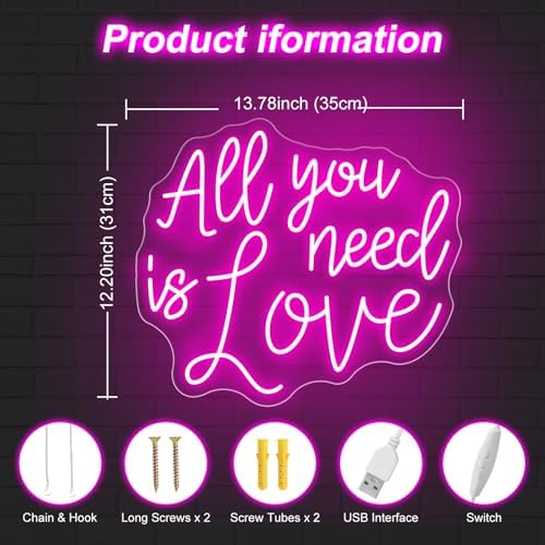 All You Need Is Love Neon Sign, Wedding LED Neon Light, Wedding Party Backdrop Wall Decor Valentine's Day Personalized Gift, Couple Room Light, Bar Home Lamp Party Dorm Living Room-Pink-14"x12" - Image 3