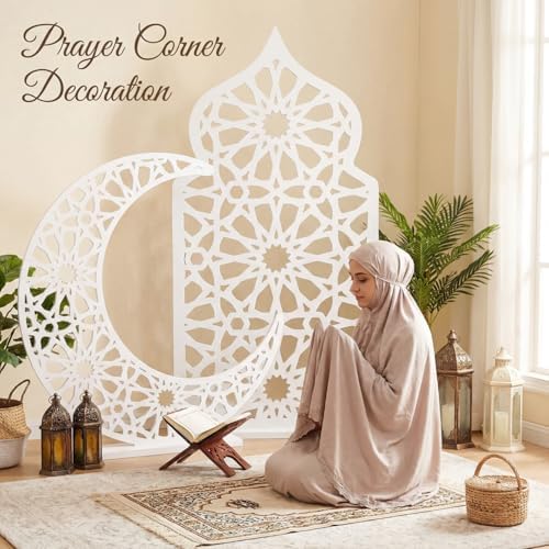 Sintuff 2 Pack Large Wooden Ramadan Decor Islamic Eid Mubarak 3ft Crescent Moon & 4ft Mosque Dome White Floor Decor for Room Entrances Ramadan Kareem Gift Party Home Decoration, Lights Not Included - Image 3