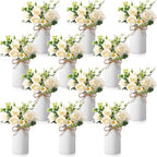 Domensi 12 Sets Wedding Centerpiece for Table Decoration Artificial Fake Rose Flowers with Metal Vase, Faux Silk Rose Bouquet Floral Arrangements for Bridal Shower Home Dining Party (White) by Domensi