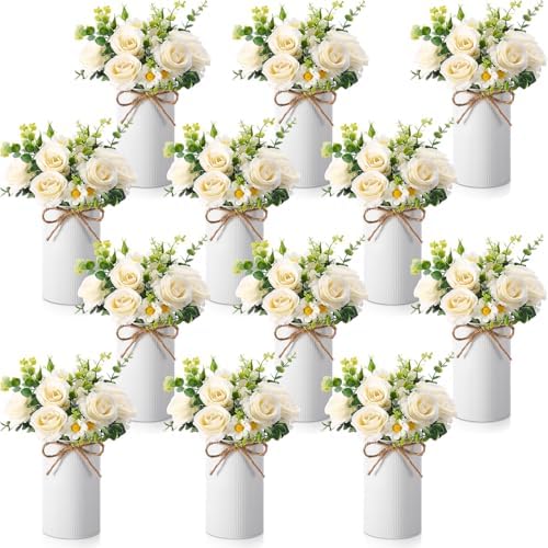 Domensi 12 Sets Wedding Centerpiece for Table Decoration Artificial Fake Rose Flowers with Metal Vase, Faux Silk Rose Bouquet Floral Arrangements for Bridal Shower Home Dining Party (White) by Domensi