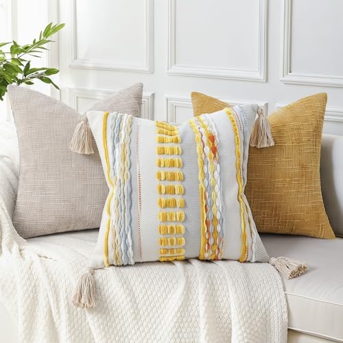 NUYECY Boho Throw Pillow Covers 18x18 Aesthetic Neutral Boucle Couch Pillow Cover Rainbow Striped Decorative Accent Pillow Case for Couch Bed Sofa Farmhouse,Modern Funky,Set of 2 Yellow-Grey - Image 5