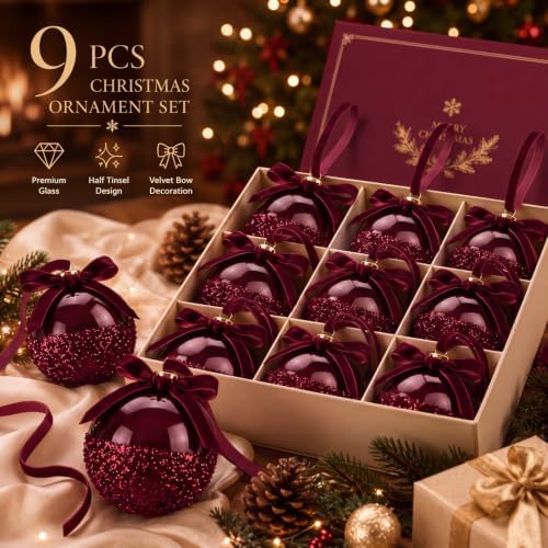 9 Pcs 3.15'' Burgundy Red Glass Christmas Ball Ornaments - Image 3