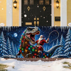 Funny Santa Riding T-Rex Christmas Garage Door Banner 7x16 FT, Large 2-Car Dinosaur Winter Wonderland Outdoor Wall Mural Backdrop, Cool Holiday Hanging Cover Sign Decoration for House Exterior Party - Image 6