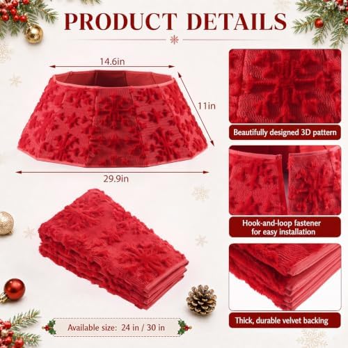 Soulchen 30 Inch Christmas Tree Collar Red Snowflake Tree Skirt Ring Jacquard Velvet Foldable Christmas Base Cover for Xmas Base Stand Cover Holiday Party Indoor Home Decorations - Image 2