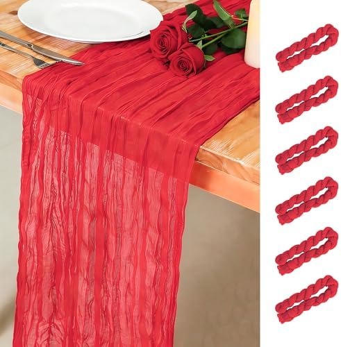 Snowkingdom 6 PCS Red Cheesecloth Table Runner 10 Ft, 120 inch Long Cheese Cloth Gauze Runners for Christmas Wedding Bridal Baby Shower Birthday Holiday Party Table Decorations by Snowkingdom