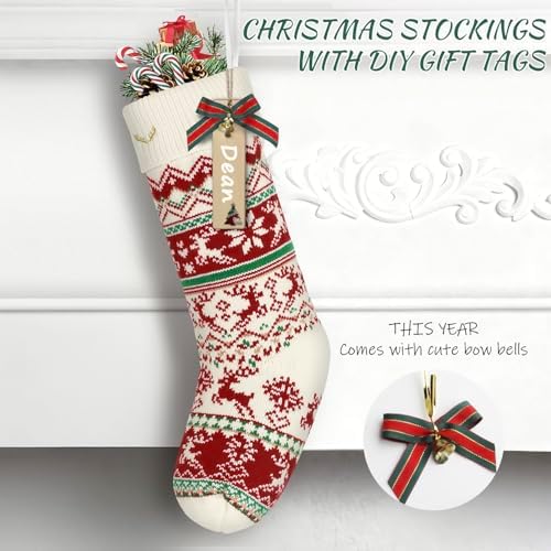 LIBWYS Knit Christmas Stockings with Patterns Reindeer, Tree, Snowflake, Snowman-4 Pack 18 Inch Large Knit Stockings, Personalized Christmas Stockings with DIY Name Tags for Family Holiday Decor - Image 3