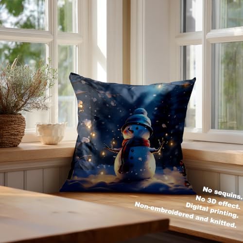Batmerry Christmas New Year Throw Pillow Covers, Trees Snowmen Snow Fireflies Decorative Pillow Covers Digital Printing Blended for Couch Sofa Bed Invisible Zipper 26X26 in(Set of 2) - Image 4