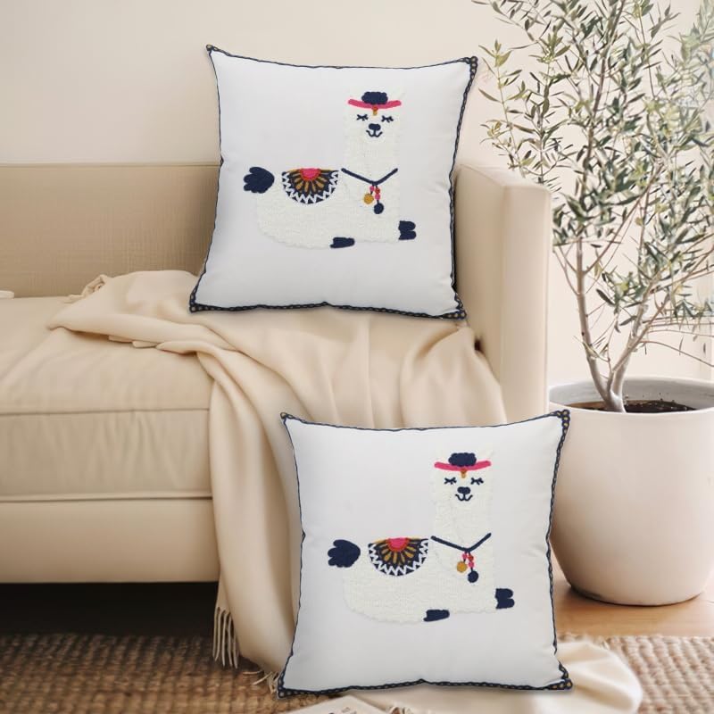 Pack of 2 Embroidered Decorative Throw Pillow Cover 18x18 Inch Farmhouse Floral Pillowcase for Living Room Sofa Bed (Cute Llama) - Image 4