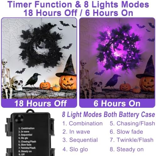 9Ft Lighted Halloween Garland Decorations Indoor, 66 LED Purple Lights Willow Vine Twig Black Halloween Garland with 8 Mode & Timer, Battery Operated Halloween Decor for Mantel Fireplace Home - Image 3