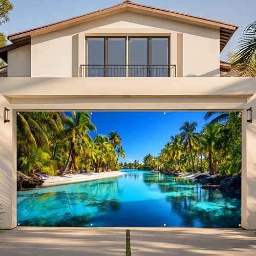 Garage Door Banner Cover 6x13 ft, Tropical Beach Palm Tree Garage Door Background, Large Outdoor Backyard Summer Decoration by KKYEJLQYI