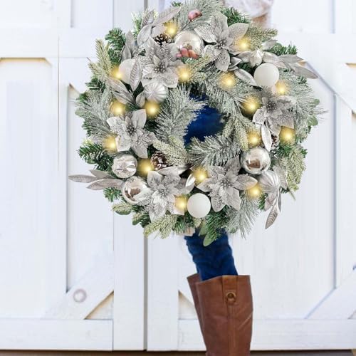 WANNA-CUL Pre-Lit 24 Inch Silver White Christmas Wreath for Front Door - Image 2