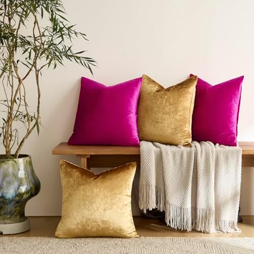 GIGIZAZA Pack of 4 Decorative Velvet Pillow Covers 18x18 Hot Pink Gold - Image 3
