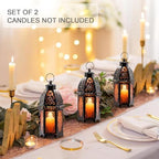 Set of 2 Vintage Large Decorative Moroccan Candle Lantern, 12.8’’ Metal Hanging&Tabletop Lantern Candle Holder Decor, Christmas Decorations Indoor Outdoor Patio (Amber) Ramadan Decorations - Image 5