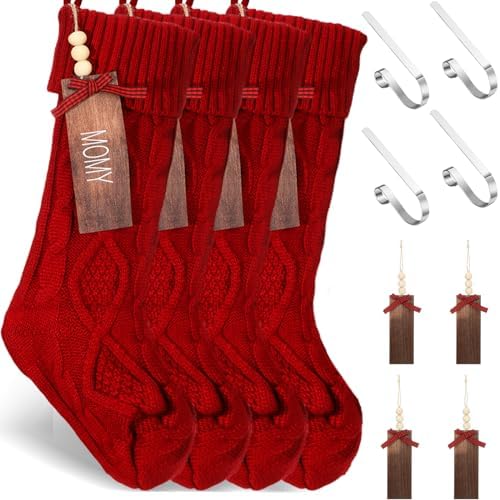 Zubebe 4 Sets 18 in Knitted Christmas Stockings Kit, Metal Stocking Holder and Name Tags Large Knit Xmas Stocking with Marker Pen for Family Holiday Xmas Party Fireplace Mantel Decor (Red) by Zubebe