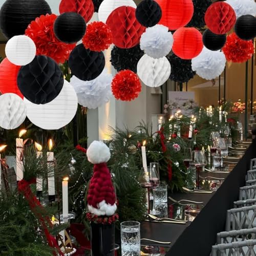 WOLHOWLTD Red Black White Paper Decoration Set - 33 Pcs Paper Lanterns, Pompoms, Honeycomb for Wedding, Valentine's,Bridal Shower,Birthday Party Decoration(red Black White) - Image 3
