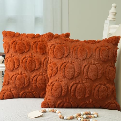 GEEORY Rust Fall Pumpkin Throw Pillow Covers, 22x22 Inch (Set of 2), Soft Faux Fur Wool, Farmhouse Style for Autumn Home Sofa Decor GC019-22 by GEEORY