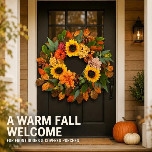 24 Inch Fall Wreath for Front Door with Pumpkins, Sunflowers & Berries - Image 5