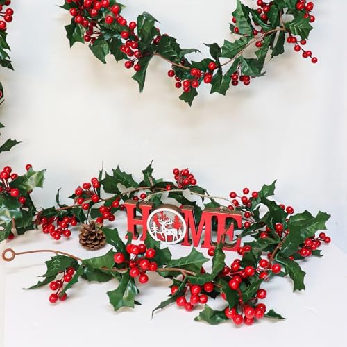 Uguisu 2pcs 5.6ft Red Artificial Christmas Garland,Eucalyptus Green Garland with Berry Flower Clusters,Artificial Vines for Fireplaces,Dining Tables,Christmas Parties - Image 5