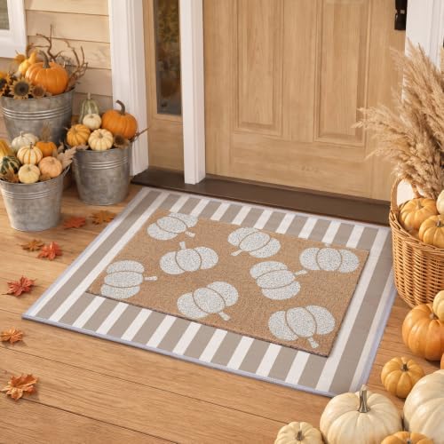2Pcs Fall White Pumpkin Doormats Autumn Buffalo Plaid Striped Door Mats Set Outside Inside Entrance Porch Rugs Durable Scraping Wire Loop Crystal Velvet Floor Mat for Thanksgiving Decor 24x32 by Unknown