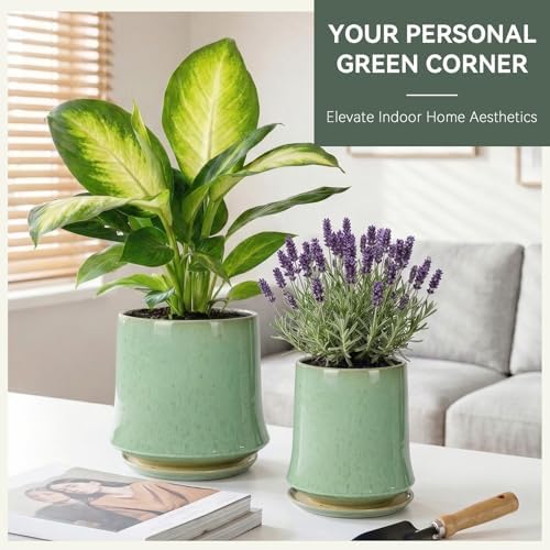 11 Inch Ceramic Planter Pot with Saucer Drainage Leak-Proof Mesh,Flower Pots for Lavender with Gardening Gloves,Ceramic Planter for Orchid (Light Green) - Image 2