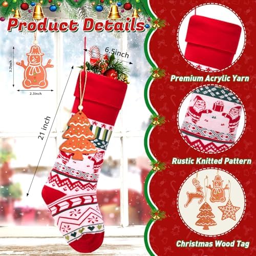 Christmas Stockings 4 Pack, 21 Inch Large Family Christmas Stocking, Red and Green Reindeer Snowman Xmas Stocking for Fireplace,Christmas Decorations - Image 3